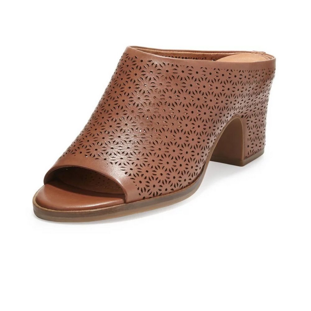 Gentle Souls by Kenneth Cole Post Laser-Cut Leather Mules Saddle - Picture 1 of 15